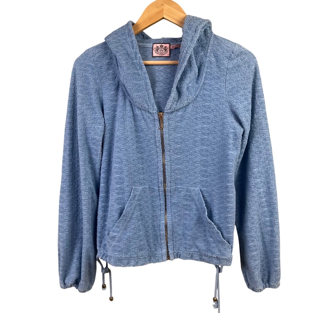 Y2K Juicy Couture Blue Terry Full Zip Hoodie Zipper Kangaroo Pockets each Medium